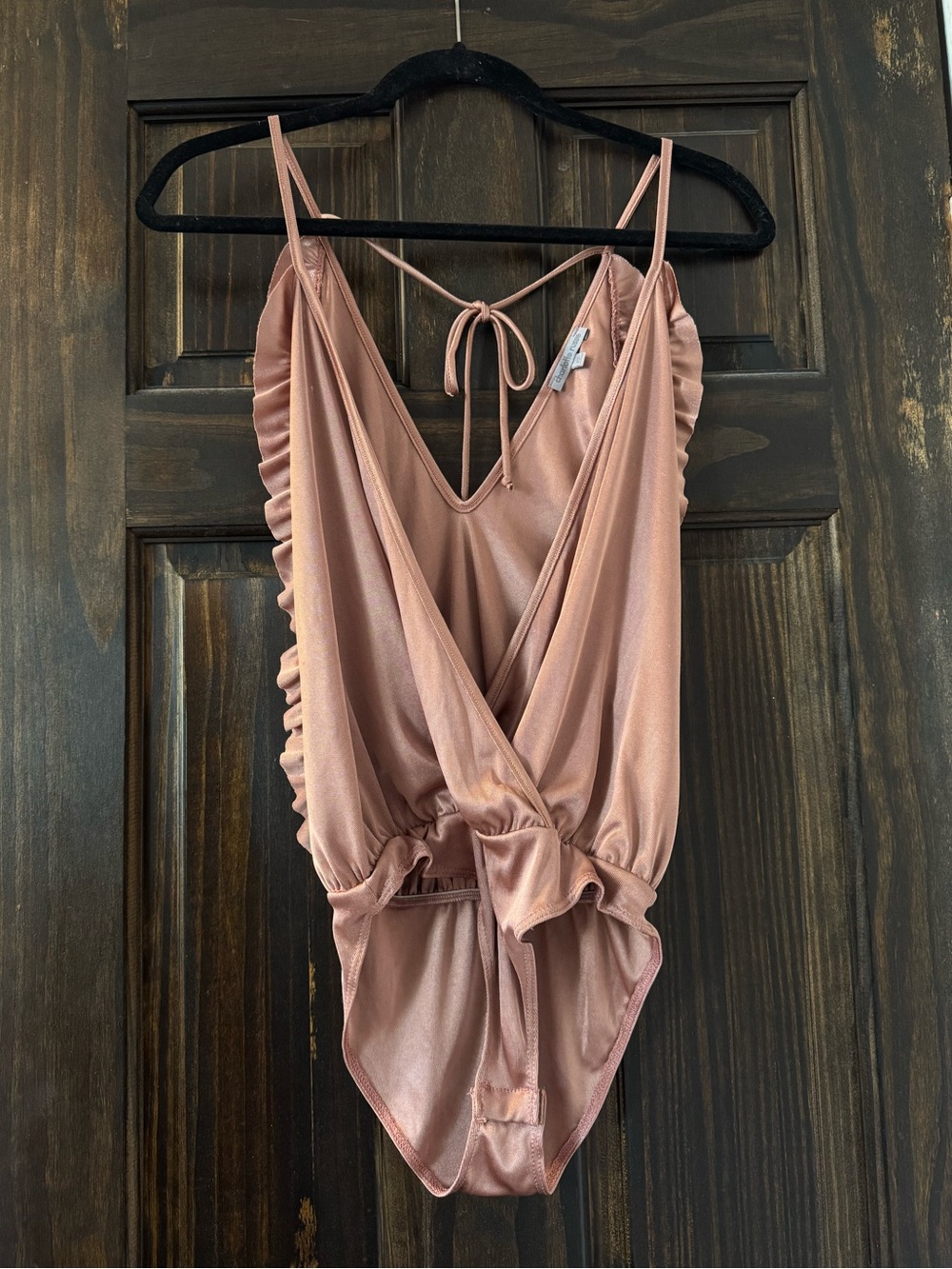 Satin Rose Pink Strappy Surplice Teddy Bodysuit